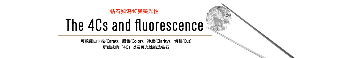 The 4Cs and fluorescence 可根据由卡拉(Carat)、颜色(Color)、净度(Clarity)、切割(Cut)所组成的「4C」以及荧光性挑选钻石